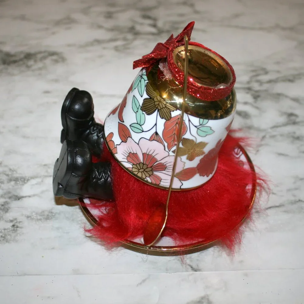 HAND CRAFTED Gnome Tea Cup and Saucer Set Floral Metallic Home Decor Red